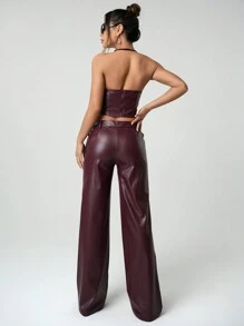 SHEIN ICON ICON Y2K 服饰女装纯色吊带上衣和休闲酒红色长裤套装派对冬季新年性感 - 酒紅色 - 查看 2