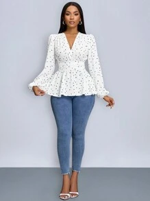 SOLERSUN Heart Print Wrap Neckline Lantern Sleeve Blouse With Ruffle Hem (Assorted Floral) Peplum Top