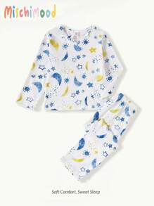 SHEIN Kleine Jungen 2-teiliges Pyjama-Set mit Stern- und Mond-Muster, elegant, bequem, langärmelig, Hemd und langer Hose