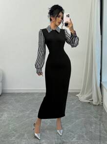 Selianne Đầm Maxi Ôm Body Đuôi Cá Màu Đen Thanh Lịch Có Cổ Peter Pan, Họa Tiết Răng Houndstooth Phối Màu & Tay Phồng Cho Nữ - màu đen - Xem 1