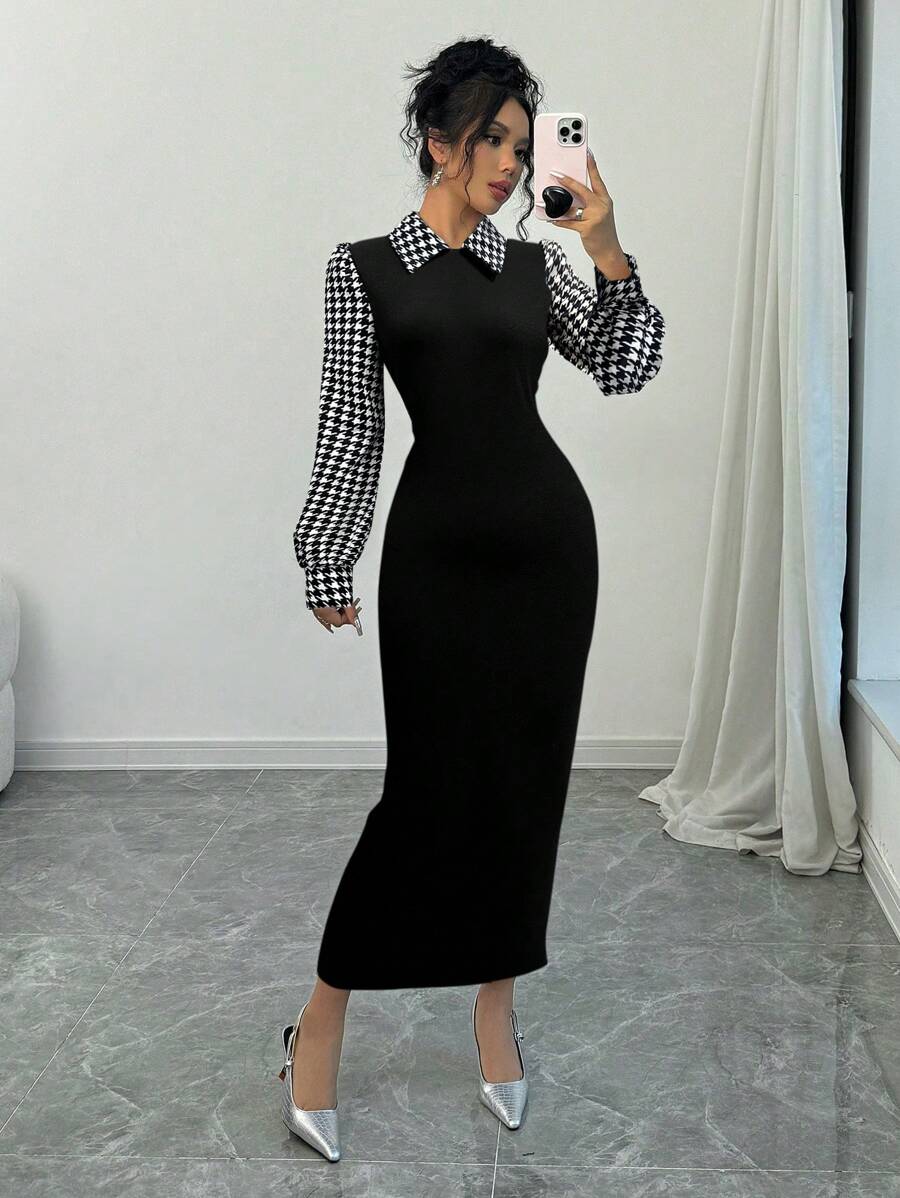 Selianne Đầm Maxi Ôm Body Đuôi Cá Màu Đen Thanh Lịch Có Cổ Peter Pan, Họa Tiết Răng Houndstooth Phối Màu & Tay Phồng Cho Nữ - màu đen - Xem 1