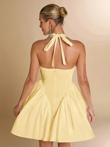 SHEIN BAE Black Sexy Deep V-Neck Halter Tie Bow Cinched Waist Fit &Flare Princess Style Summer Dress For Women