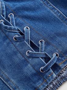 SHEIN MOD Plus Size Denim Tops Puff Sleeves Sweet Date Valentines For Summer - Medium Wash - View 3