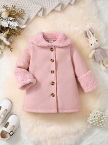 Baby Girl Furry Lapel Snap Button Front A-Line Long Sleeve Windbreaker Coats - Pink - View 7