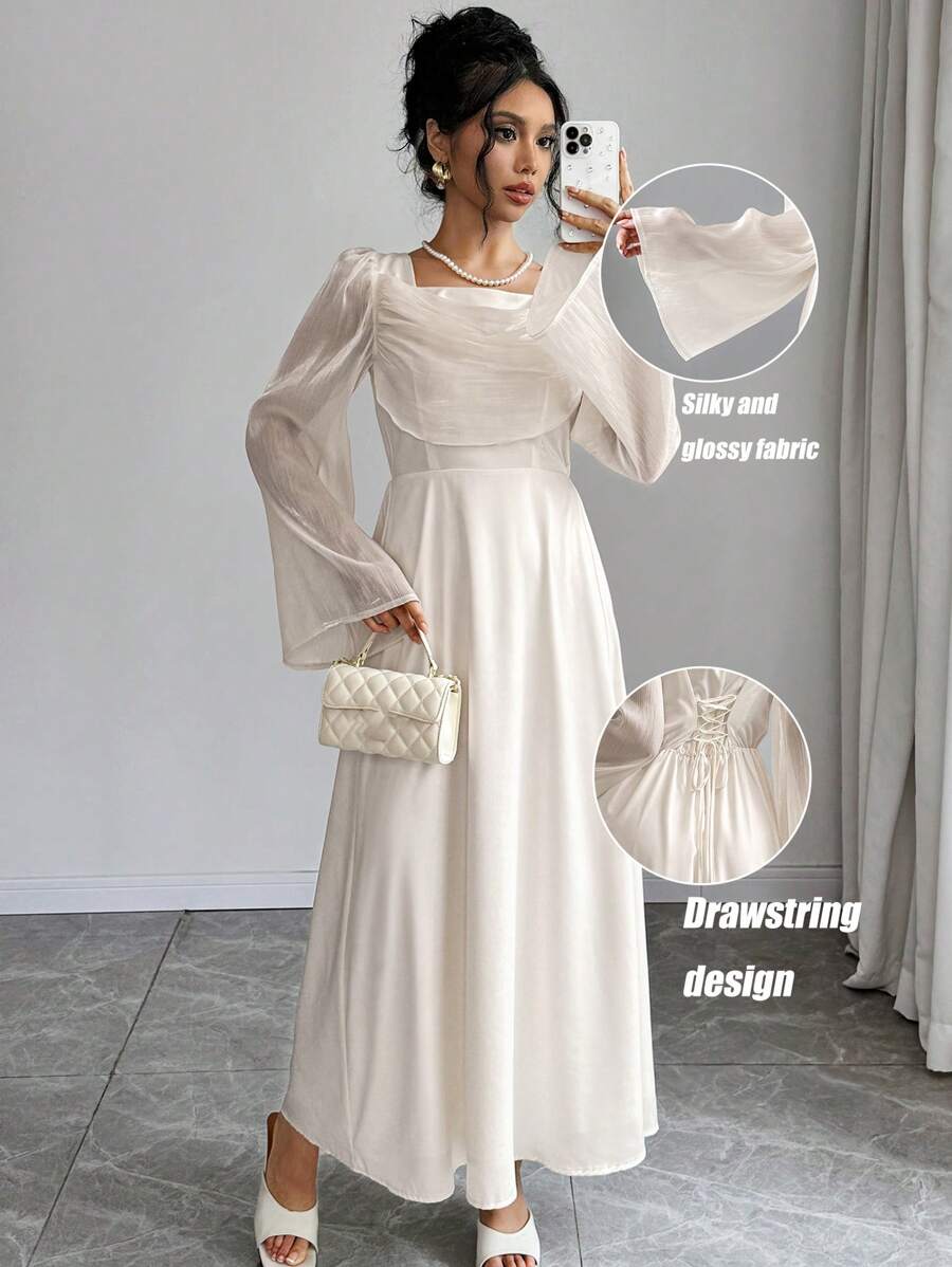 Elenzga Women's Solid Color Scoop Neck Flutter Sleeve Jacquard Woven Dress Maxi Women Outfit