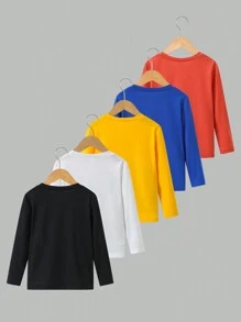5pcs/Pack Young Boy Basic Solid Color Round Neck Casual T-Shirt - Multicolor - View 2