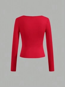 SHEIN Essnce 4 chiếc áo thun tay dài cổ vuông màu trơn đơn giản đa năng dành cho nữ, mùa xuân và mùa hè - Nhiều màu - Xem 8