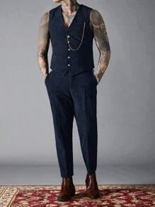 Manfinity VCAY 男士修身灯芯绒背心和裤子休闲西装套装 - 藏蓝色 - 查看 1