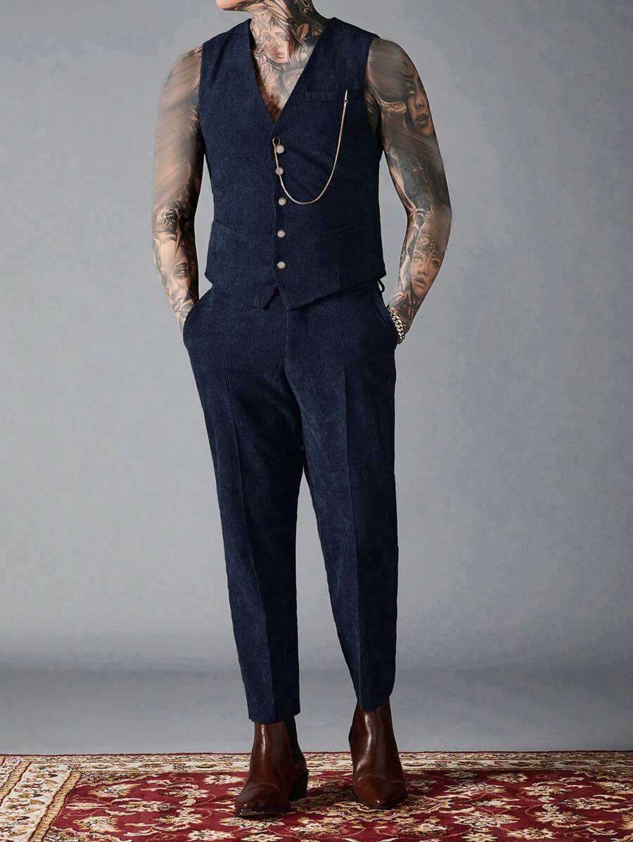 Manfinity VCAY 男士修身灯芯绒背心和裤子休闲西装套装 - 藏蓝色 - 查看 1