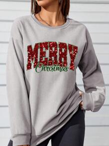 SHEIN LUNE Merry Christmas Print Crew Neck Sweatshirt For Women, Long Sleeve Pullover, Autumn/Winter