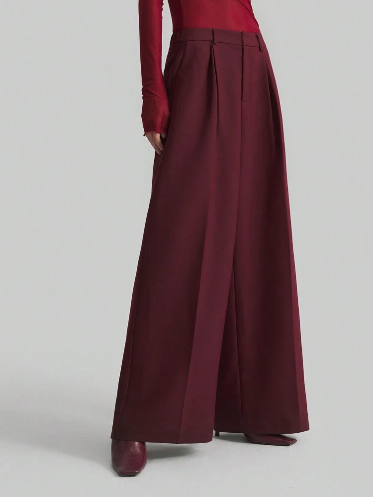 Women's Burgundy Elegant Office Wide Leg Pants,Autumn High Waist Double Pleated Suit Trousers,Solid Color Casual Loose Fit Fashion Commute Clothing
