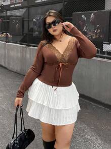 SHEIN EZwear Blusa casual de manga larga con aplicación de encaje y nudo delantero, uso diario, talla grande