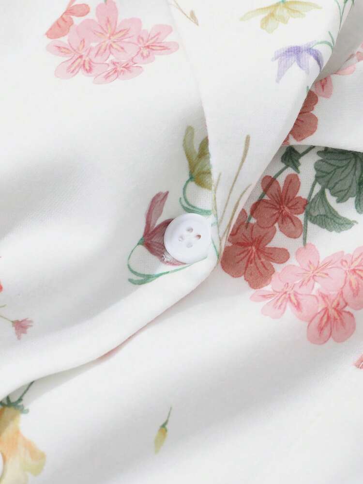 Women's Full Floral Print Lapel Collar Short Sleeve Shirt & Wide Leg Loose Pants Pajama Set