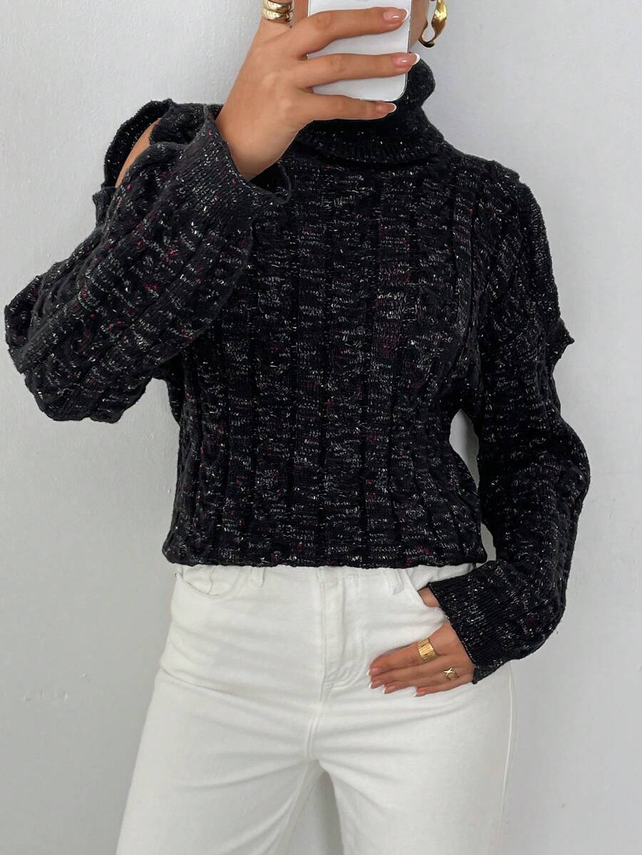 SHEIN Essnce 冬季休闲混纺高领露肩毛衣 - 黑色 - 查看 1