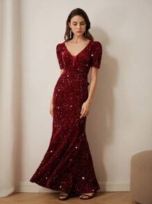 Aveloria Rosie Elegante y sofisticado vestido de fiesta con corte sexi, manga corta y efecto ceñidor de cintura, con lentejuelas y diseño calado de estilo sirena, para damas, primavera/verano, Día de San Valentín