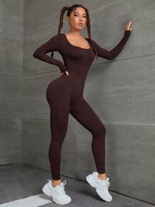 Slayform Tuta da yoga: scollo a V profondo con supporto per il busto, maniche lunghe e pantaloni, modellante lato fondoschiena e contenitivo per l'addome, versatile per l'allenamento, il ciclismo e l'uso quotidiano - Caffè Marrone - Visualizzare 4