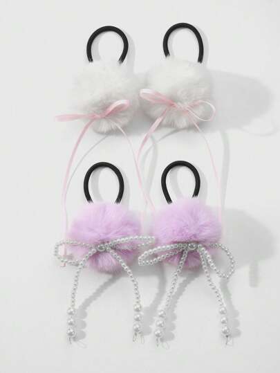 Kawaii 4 pezzi Stile coreano, dolce e minimalista, Viola + Bianco Peluche Palla, Fatto a mano con Perle di Finta Perla Bianca Fiocco di Raso, Adatto per Ragazze e Donne Uso Quotidiano, Idea Regalo per Vacanze, Fermaglio per Coda di Cavallo, Elastico per Capelli