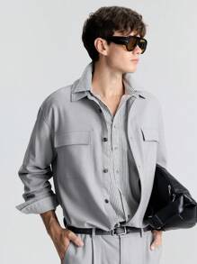 Ontre Men's Spring Gray Long Sleeve Pocket Casual Loose Shirt, And Versatile For Business, Commuting, New Year Party