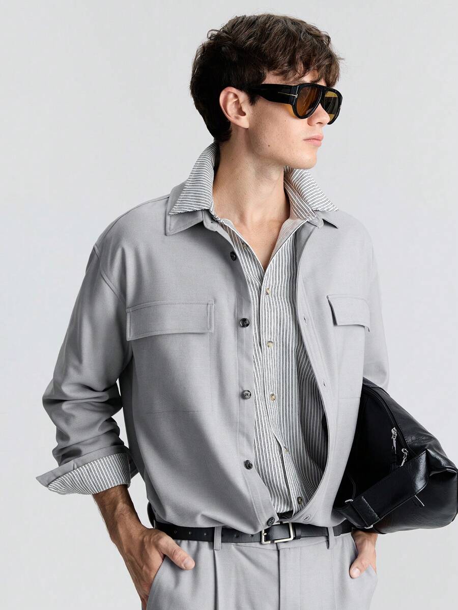 Ontre Men's Spring Gray Long Sleeve Pocket Casual Loose Shirt, And Versatile For Business, Commuting, New Year Party