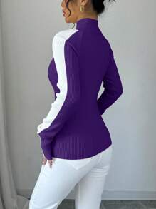 SHEIN Unity 女士立领长袖纯色拼接简约休闲针织套头衫秋冬款 - 紫色 - 查看 2