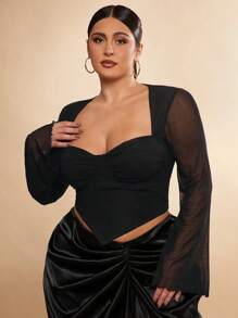 SHEIN BAE Plus Size Women V-Neck Sheer Mesh Long Sleeve Top, Sexy Curve-Hugging Formal Party Blouse, Black