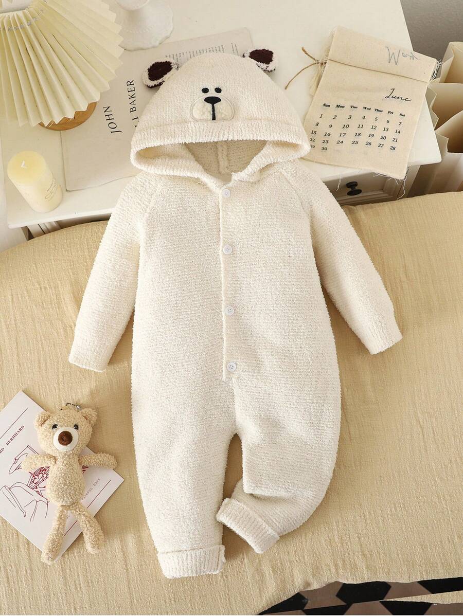 1 件婴儿（男孩）针织连体衣，带有可爱的熊图案，面料柔软温暖，适合休闲穿着，秋冬季