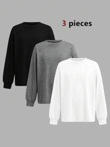 SHEIN 3pcs/Set Loose Fit Tween Girls Long Sleeve Knitted T-Shirts, Essential Base Layer Tops For Spring, Summer, Winter - Multicolor - View 1