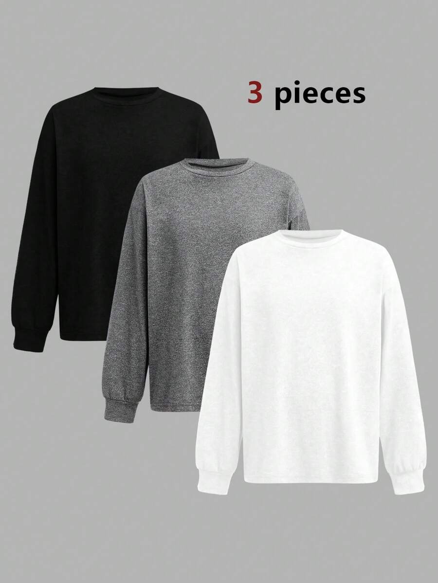 SHEIN 3pcs/Set Loose Fit Tween Girls Long Sleeve Knitted T-Shirts, Essential Base Layer Tops For Spring, Summer, Winter - Multicolor - View 1