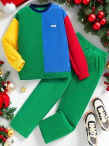 SHEIN 2pcs/Set Tween Boys American Style Casual Contrast Color Corduroy Crew Neck Long Sleeve Top And Corduroy Pants, Suitable For Autumn And Winter