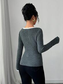 SHEIN Unity Women Slim-Fit Scoop Neck Bell Sleeve Contrast Color Frill Trim Elegant Casual Knitted Sweater Fall Winter - Dark Grey - View 2