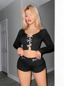 Sweetina 1 Set Estilo minimalista Mujer Blusa de manga larga y shorts, uso casual de todos los días