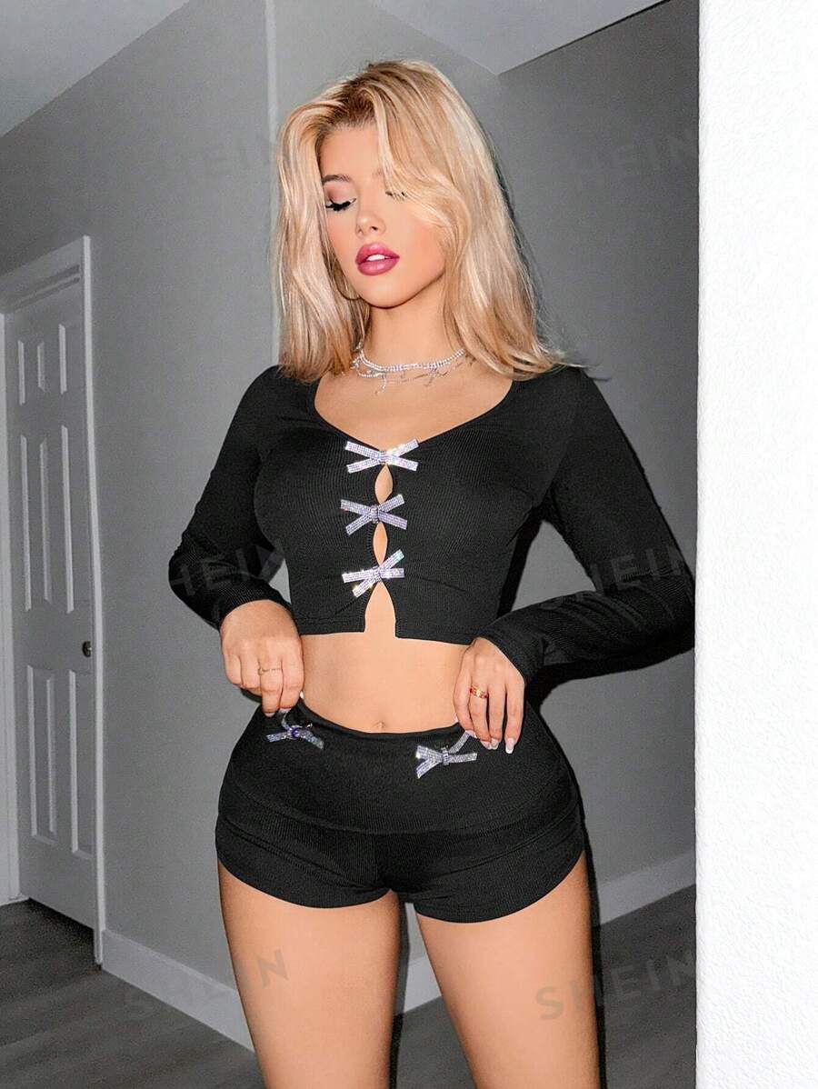 Sweetina 1 Set Estilo minimalista Mujer Blusa de manga larga y shorts, uso casual de todos los días
