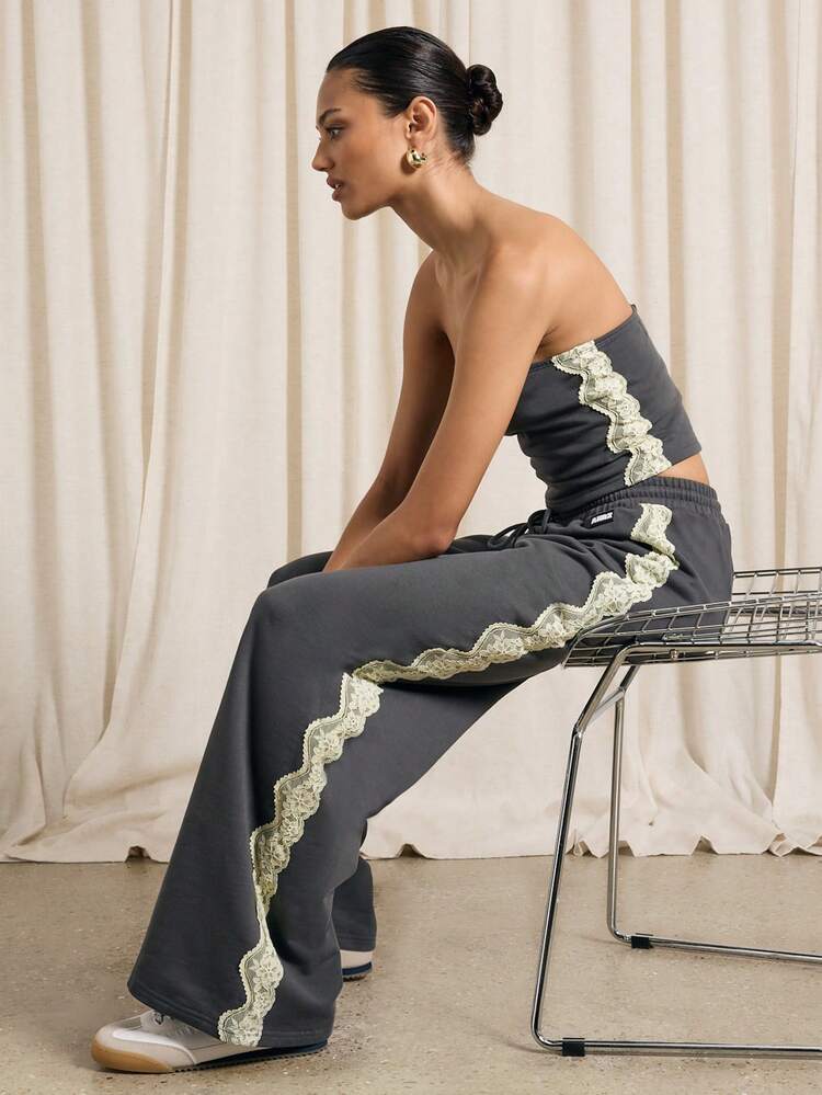 AiiRZ Bandeau And Wide Leg Jogger With Lace Inserts