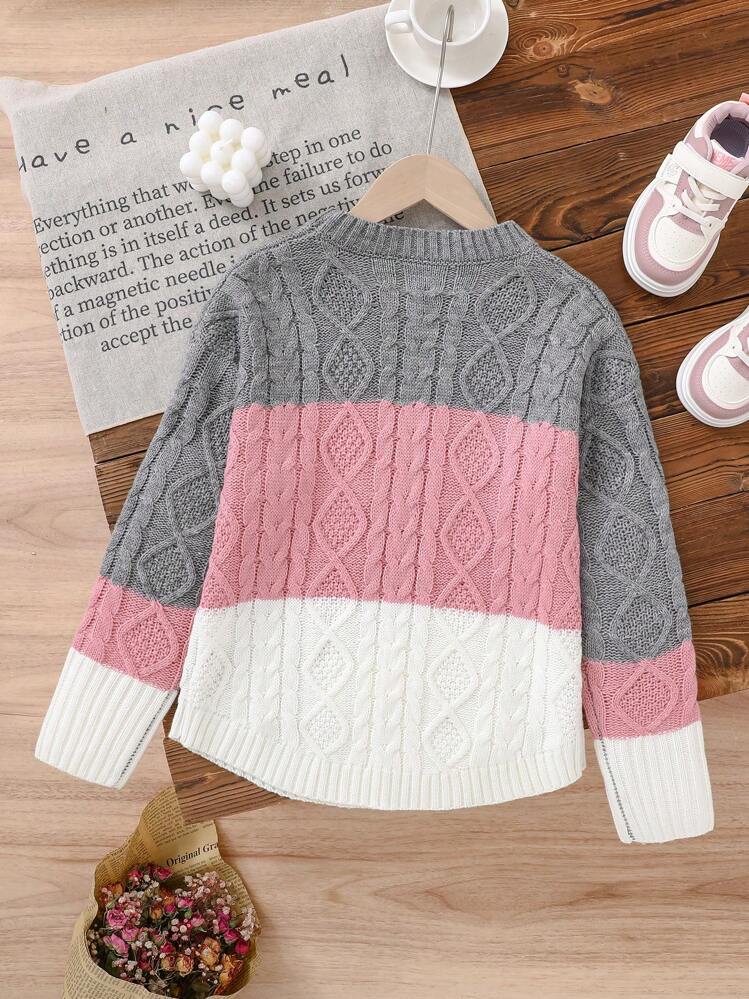 SHEIN Leap Crew Suéter holgado de manga larga con textura de punto de cable y bajo curvo en bloque de color gris y rosa blanco para niñas preadolescentes - Multicolor - Añade 2