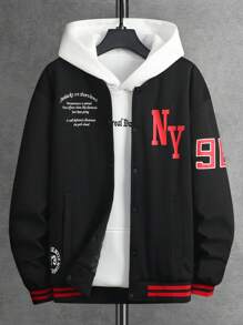 Manfinity Campus Court 男士休闲标语印花棒球夹克，秋冬 - 黑色 - 查看 1