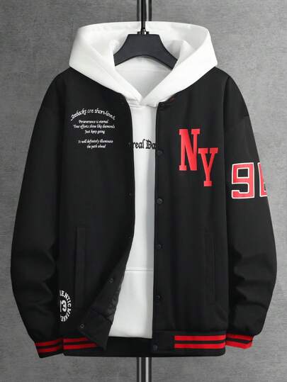 Manfinity Campus Court 男士休闲标语印花棒球夹克，秋冬