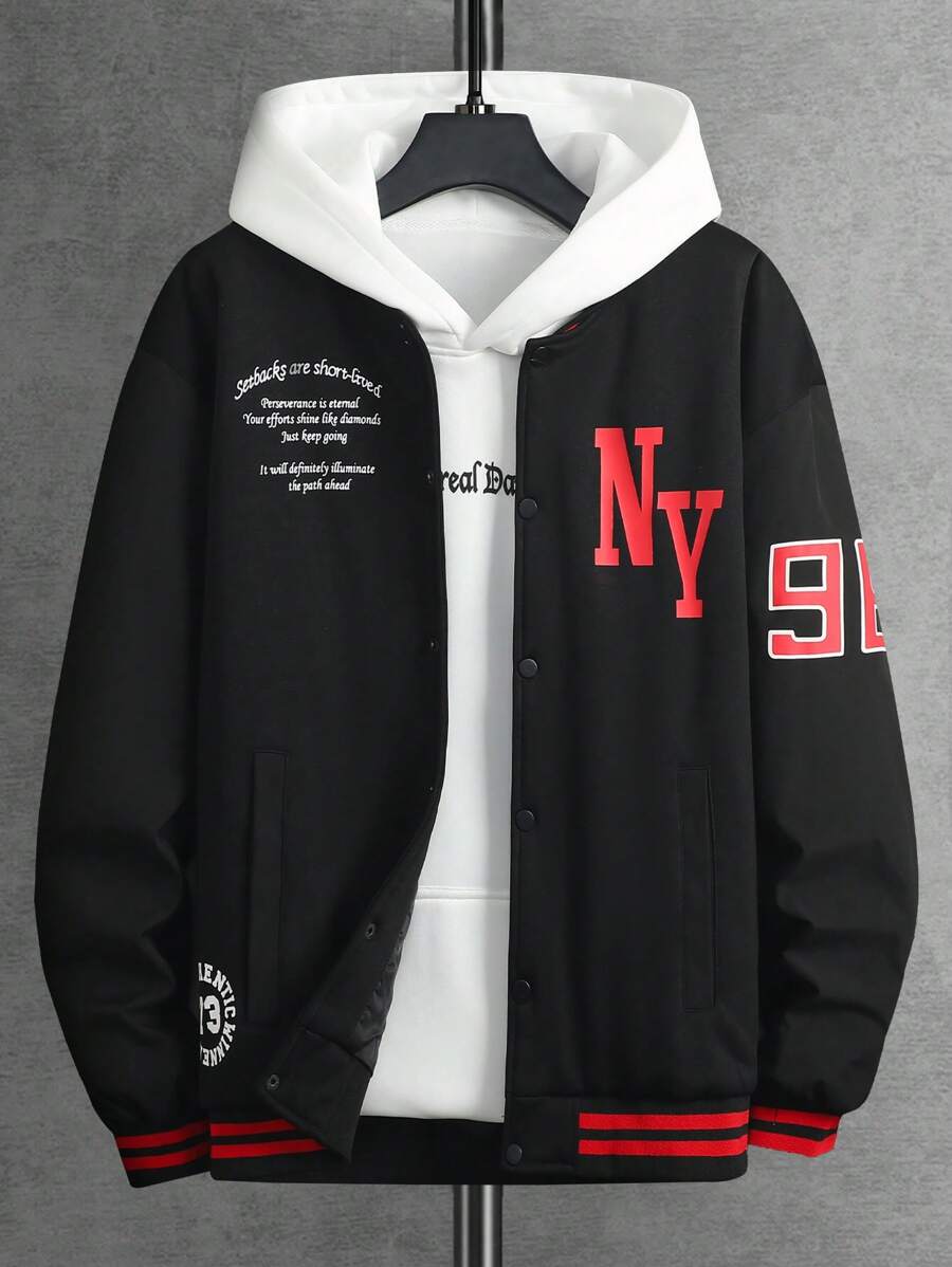 Manfinity Campus Court 男士休闲标语印花棒球夹克，秋冬 - 黑色 - 查看 1