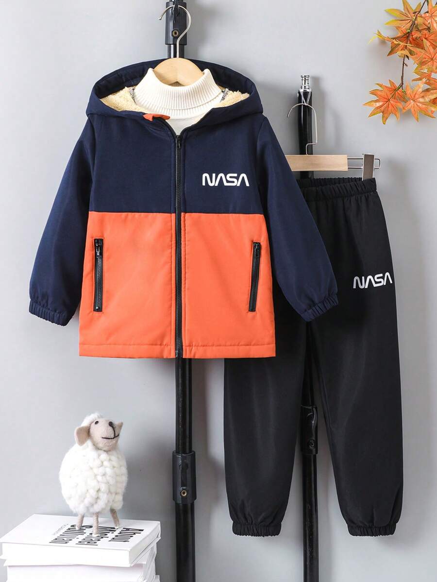 2pcs Boys Autumn/Winter Letter Print Color Block Zipper Hoodie Jacket And Pants Set - Multicolor - View 1