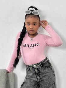 SHEIN Leap Crew Camiseta casual de manga larga con cuello redondo y estampado de letras para niñas preadolescentes