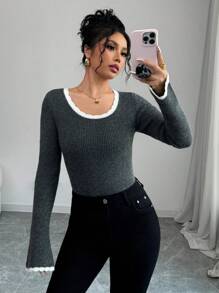SHEIN Unity Women Slim-Fit Scoop Neck Bell Sleeve Contrast Color Frill Trim Elegant Casual Knitted Sweater Fall Winter - Dark Grey - View 4