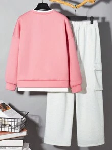 SHEIN 2pcs/Set Teen Boys Casual Korean Loose Asymmetrical Hem 2 In 1 Sweatshirt And Pants Set, Suitable For Autumn/Winter Occasions Like Outing, Halloween, School, Holiday - Multicolor - View 2