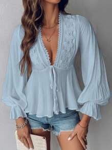 INAWLY 女士休闲蕾丝拼布灯笼袖衬衫荷叶边上衣