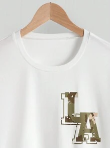 SHEIN Explorewe Tween Boy 休闲百搭美式迷彩工装裤+白色经典宽松LA字母印花圆领T恤套装 - 彩色 - 查看 5