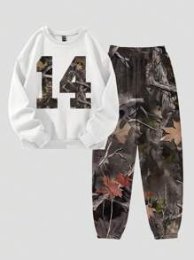 SHEIN LUNE 2pcs Women Casual Number Printed Round Neck Long Sleeve Top And Pants Set - Multicolor - View 6