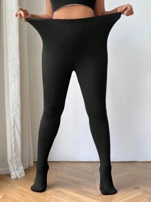 SHEIN CURVE+ Quần legging lót nhiệt lưng rộng màu trơn cỡ lớn, mùa thu/đông - màu đen - Xem 5