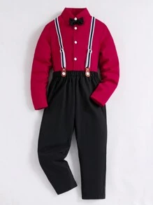 Conjunto Elegante para Meninos Pré-Adolescentes, Inclui Camisa e Calça com Suspensório, Adequado para Festas e Ocasiões Formais, Conjunto de 2 Peças - Vinho - Visão 1