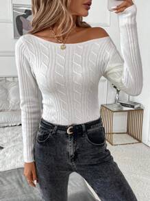 SHEIN Clasi Plus Size Casual Solid Color Cable Knit Fitted Sweater, Autumn/Winter - White - View 5