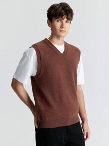 Ontre Men's Spring Brown Solid V-Neck Casual Loose Knitted Sweater Vest, Suitable For Parties, New Year
