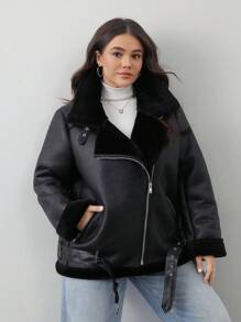 Aveloria Modichic 全新加厚加大码蓬松摩托车夹克加大码女式皮大衣，冬季 - 黑色 - 查看 2