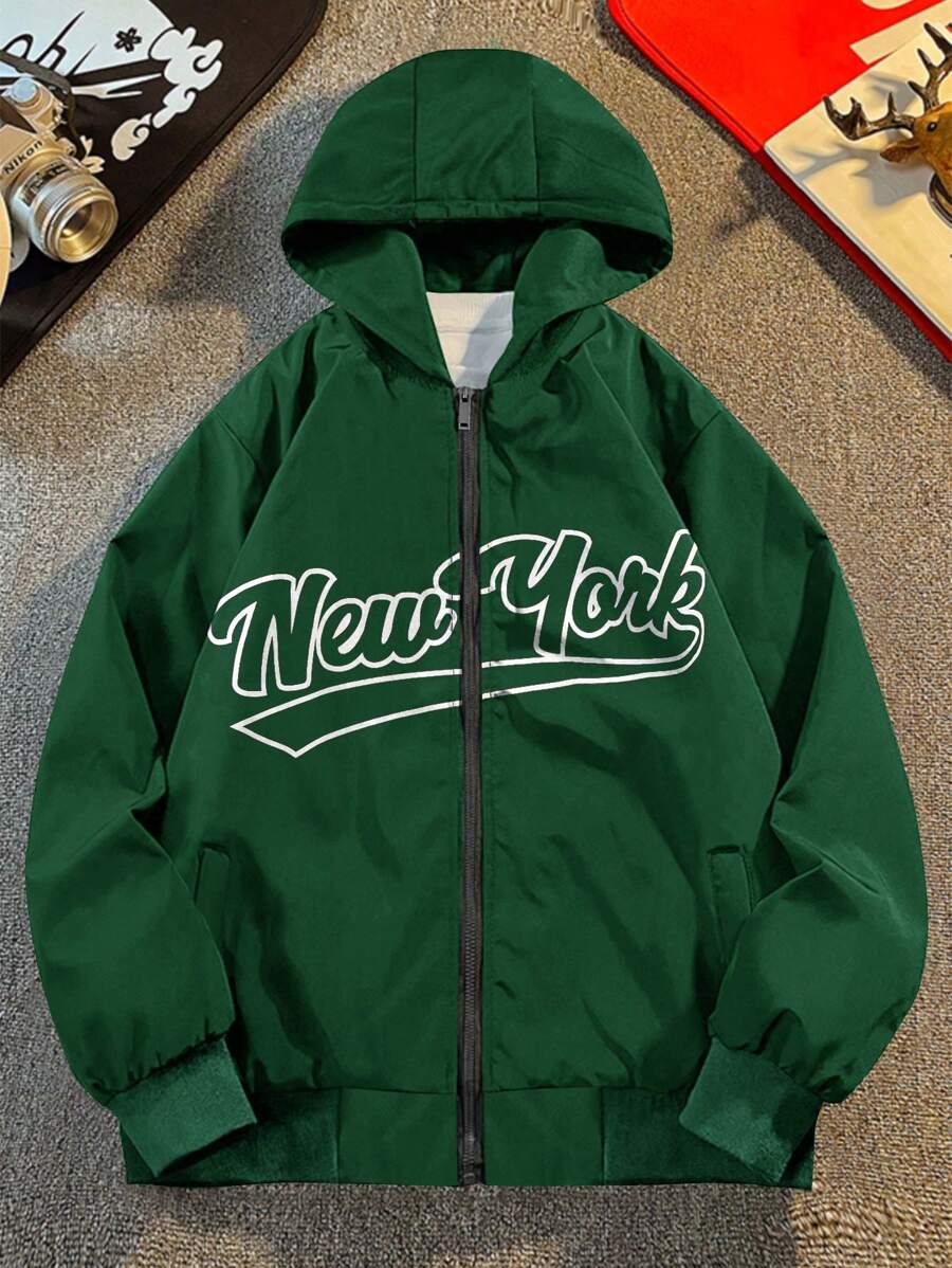 Manfinity Roghcode Men's Autumn/Winter Letter Print Zip Up Hooded Jacket - Green - View 1